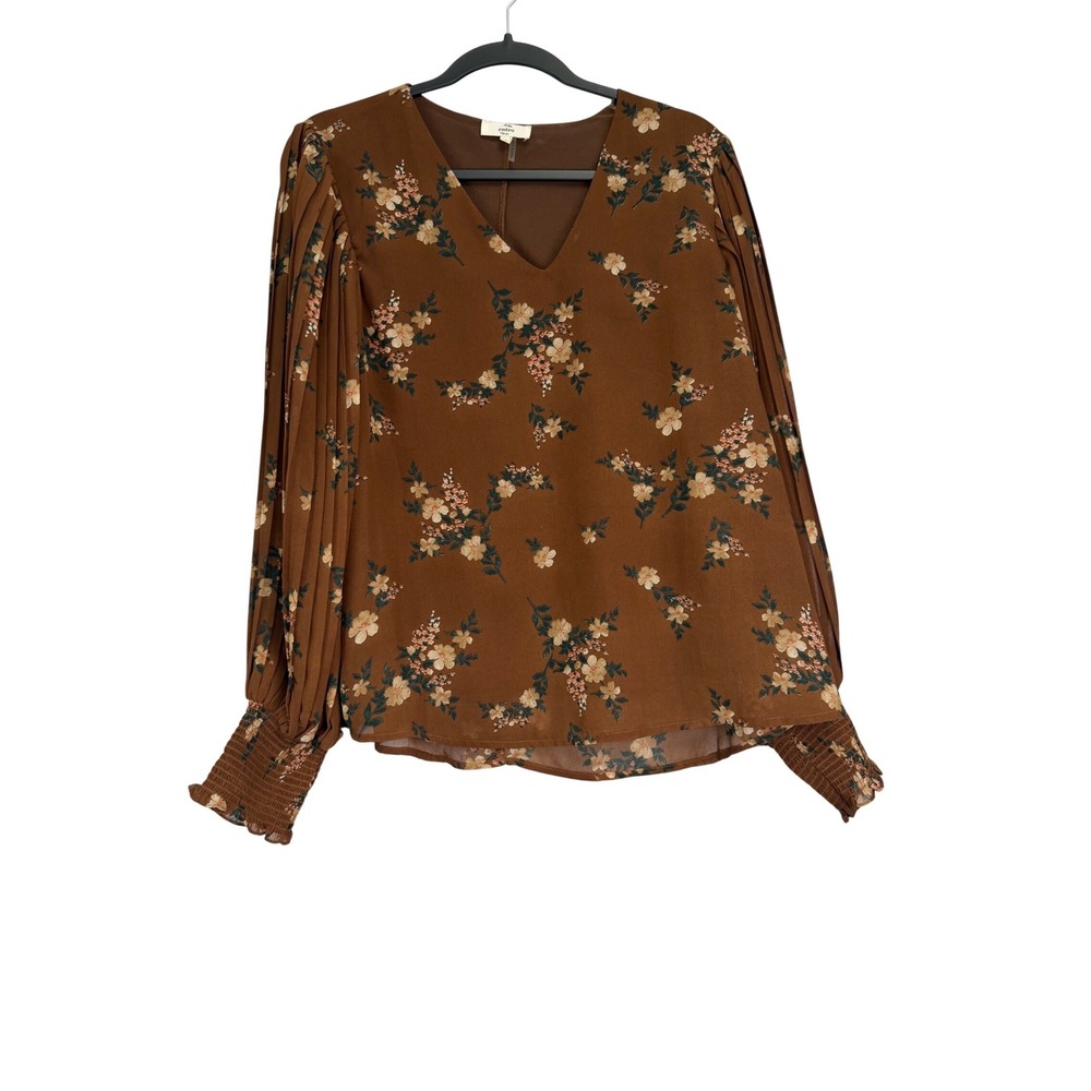 Entro Brown Floral V-Neck Pleated Balloon Sleeve Blouse Small Boho Peasant